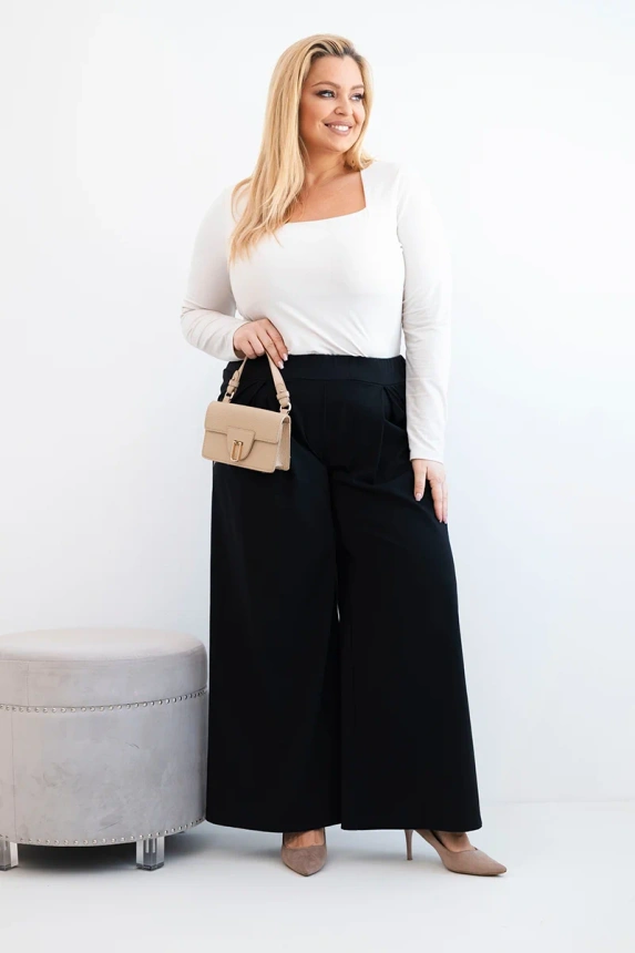 Damen Plus-Size-Hosen mit weitem Bein und Falten schwarz