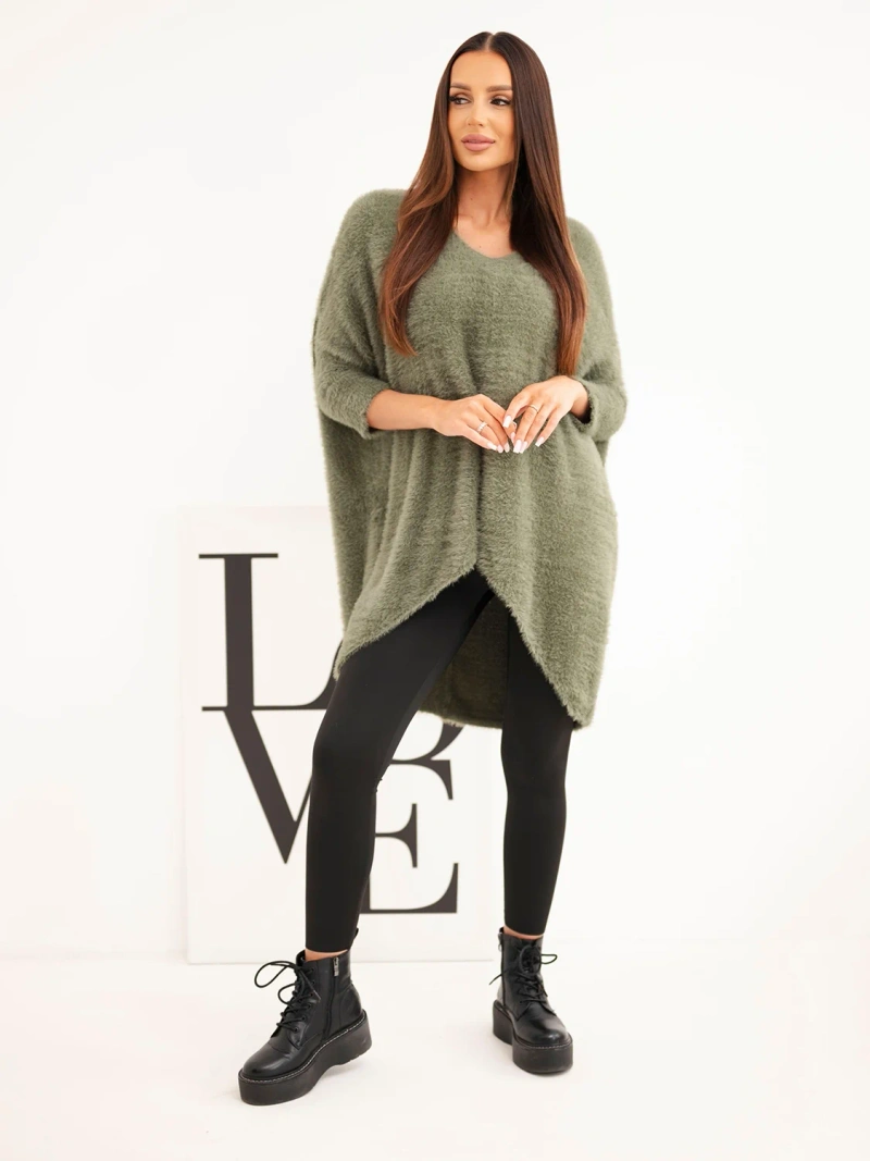 Sweter damski Plus Size z dekoltem V khaki