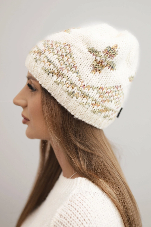 Women's winter hat made of wool with a colorful pattern K478 ecru