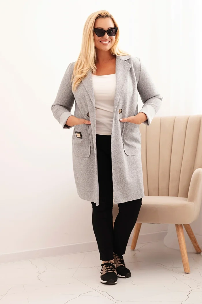 Elegant Plus Size women's coat with a collar and large pockets gray