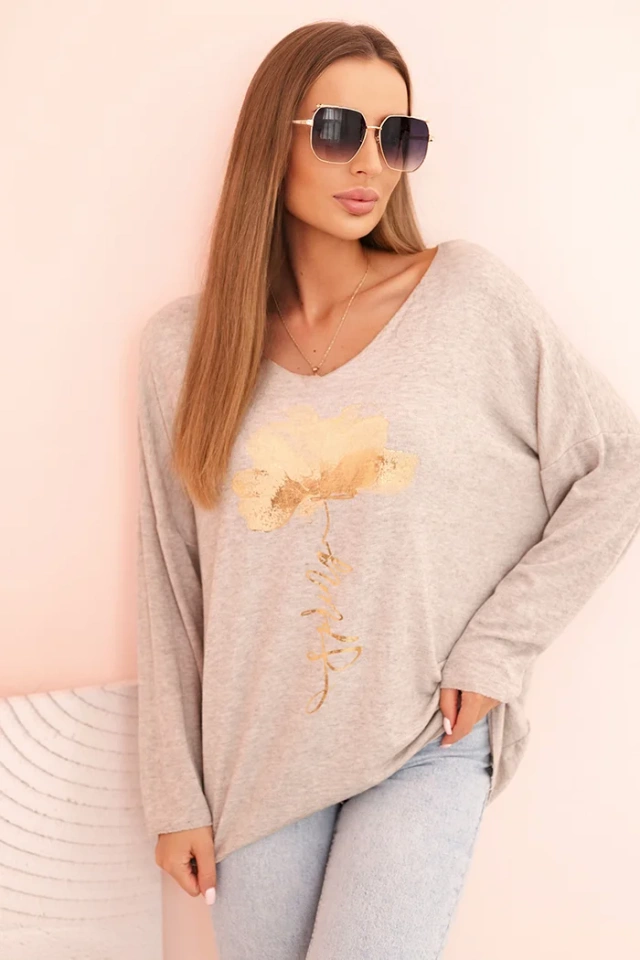 Bluzka damska z wiskozy z długim rękawem i złotym kwiatowym nadrukiem beżowy melanż