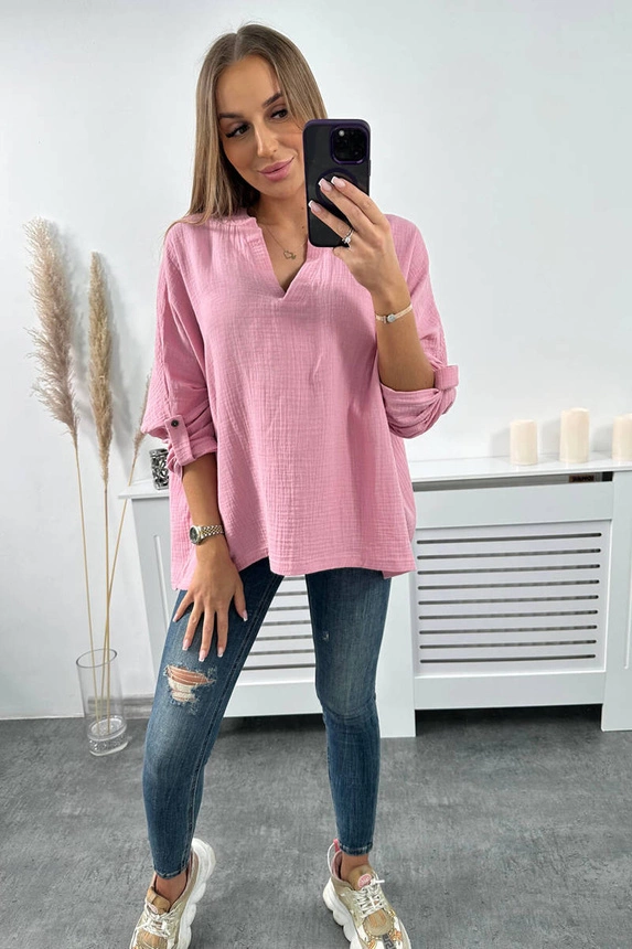Muslin blouse with rolled-up sleeves light pink