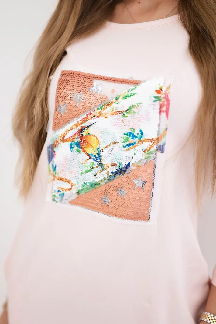 Kleid mit 3D-Grafik Vogel puderrosa