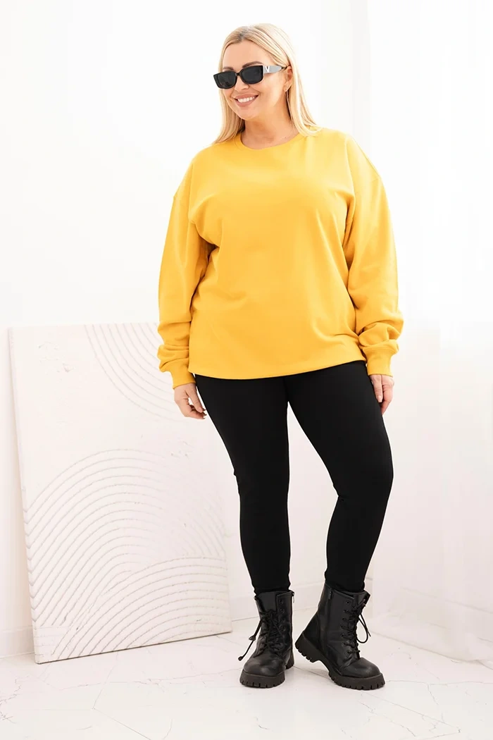 Dámská mikina s okrouhlým výstřihem Plus Size bavlněná basic hořčicová