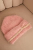 Women's winter fluffy hat with pearls and decorative weave dark powder pink