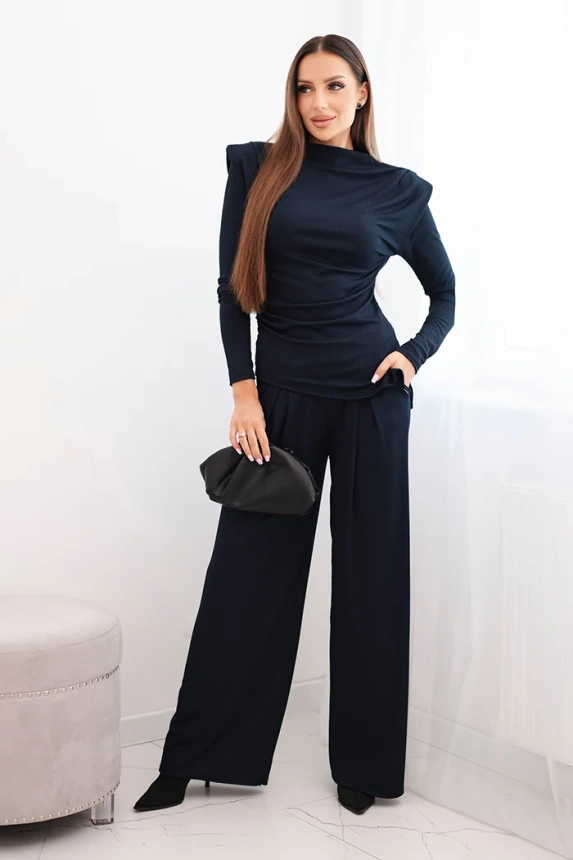 Damen Baumwollset mit Bluse und Hose mit weitem Bein blau