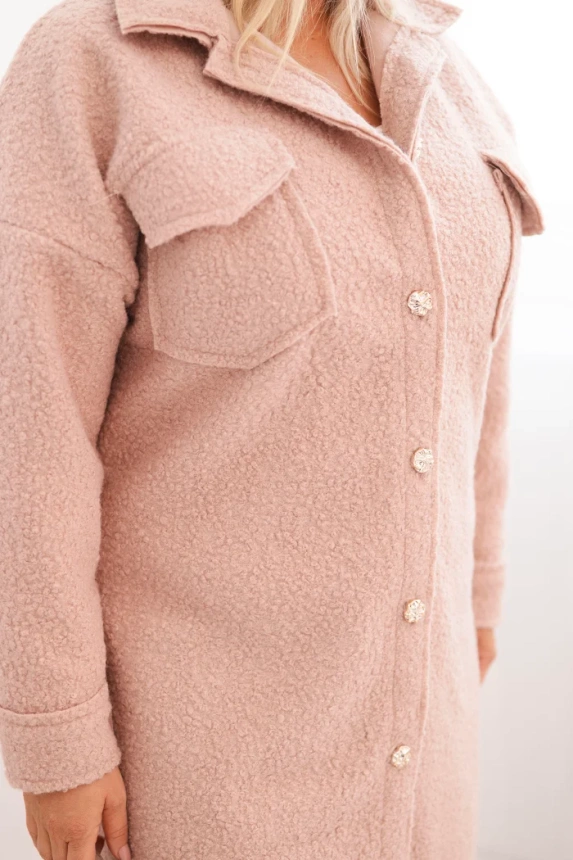 Płaszcz damski Plus Size z wełną zapinany na guziki z kieszeniami i kołnierzem pudrowy róż
