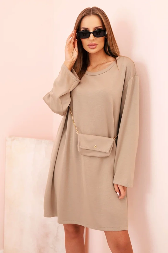 Plus Size women's viscose dress with a chain bag dark beige