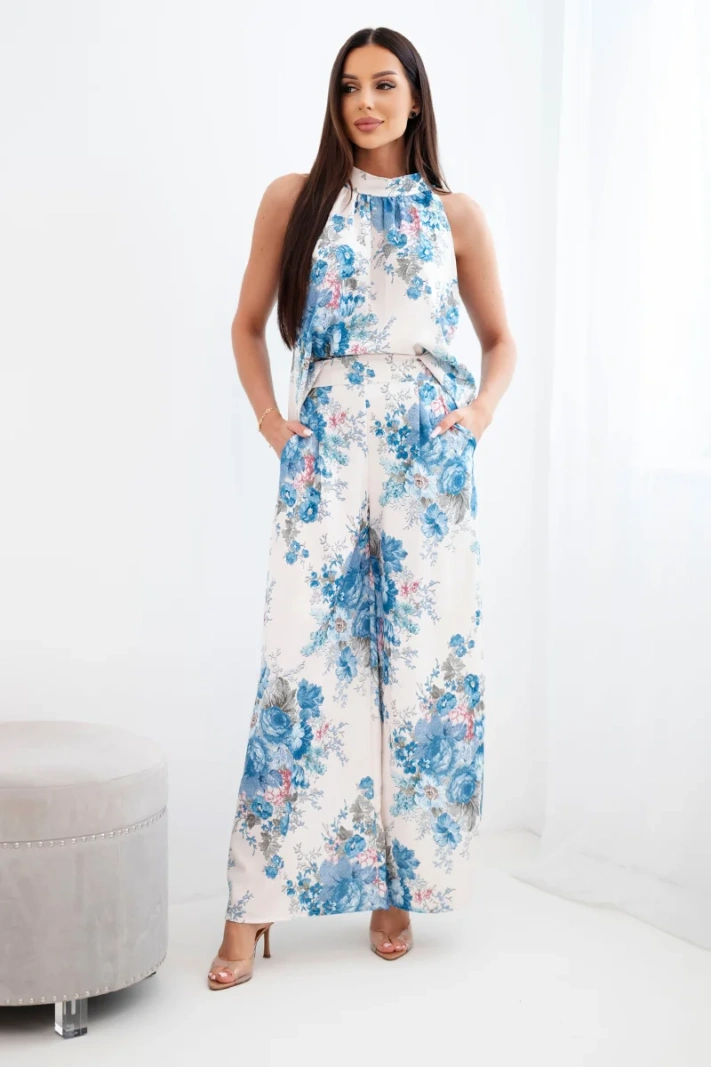 Damen-Set mit Bluse und weiten Hosen mit Blumenmuster jeansblau