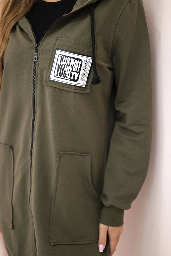 Längeres Damen-Sweatshirt mit Kapuze und Reißverschluss khaki