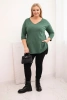 Dámská bavlněná blůza Plus Size s výstřihem do V a ohrnovacími rukávy tmavě khaki