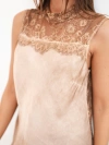 Women's satin viscose blouse with lace and stand-up collar camel