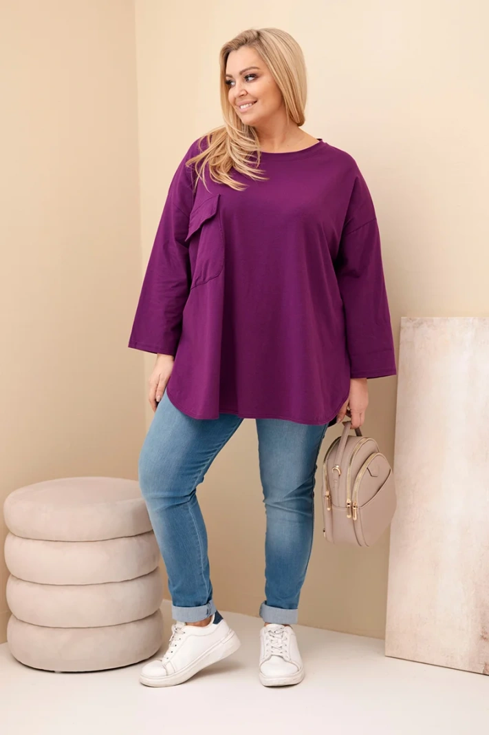 Damenbluse Plus Size aus Baumwolle mit Tasche und umgeschlagenem Ärmel dunkelviolett