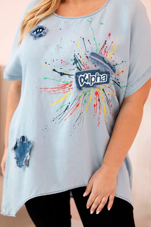 Plus Size women's blouse with patches light denim