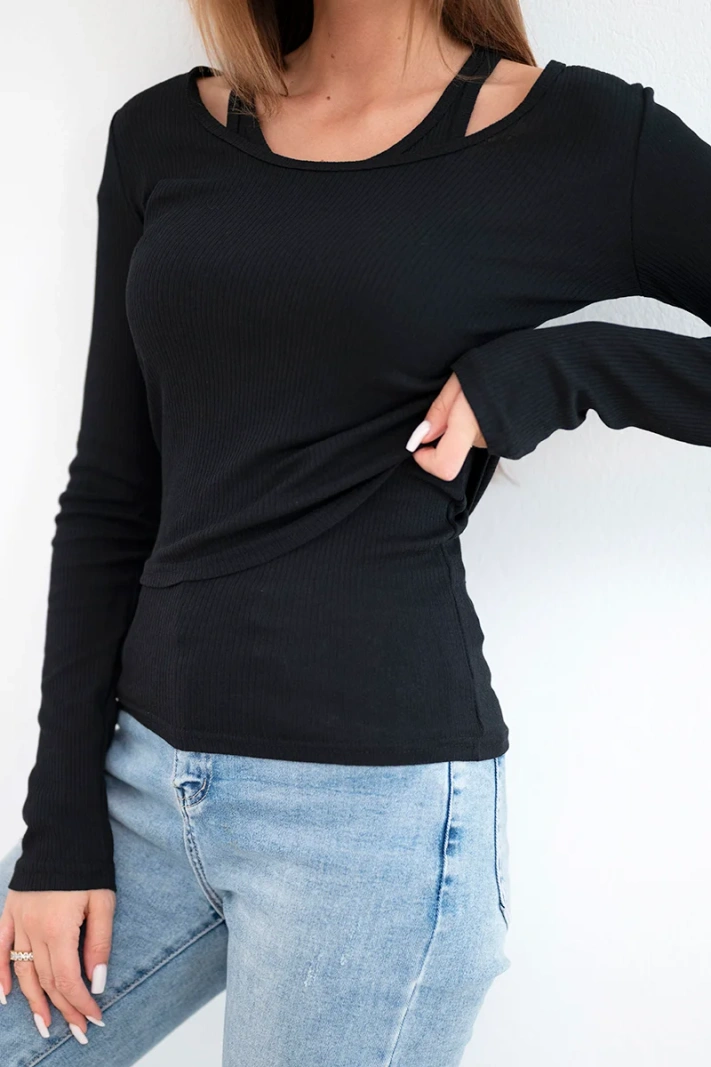Women’s 2-piece cotton blouse with a top and long sleeve blouse black