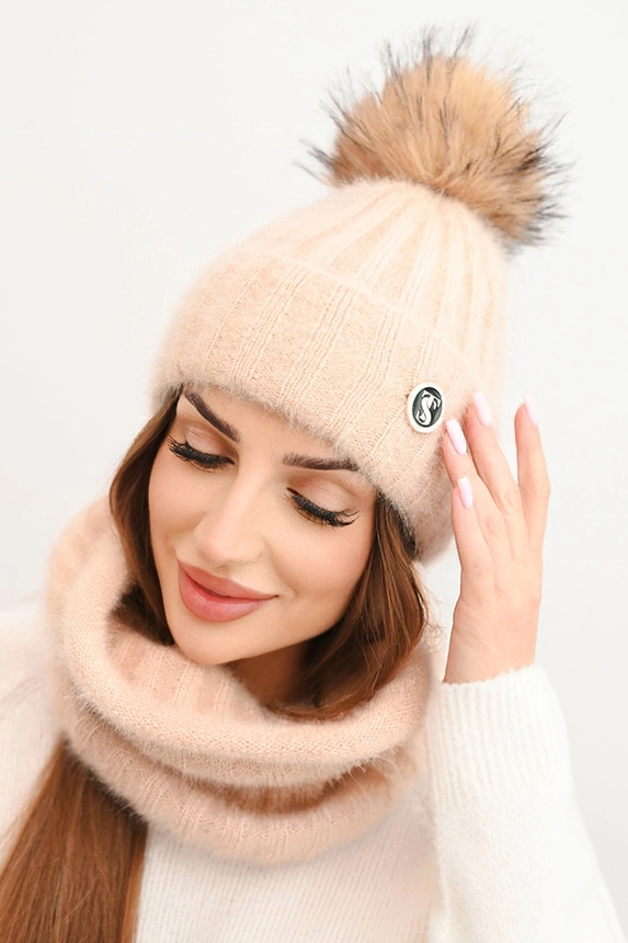 Women's winter set with a pom-pom and a scarf beige
