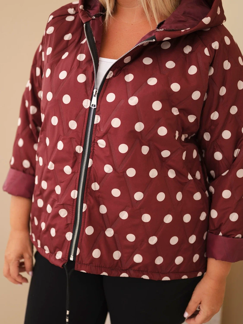 Plus Size women's jacket with polka dots and hood burgundy