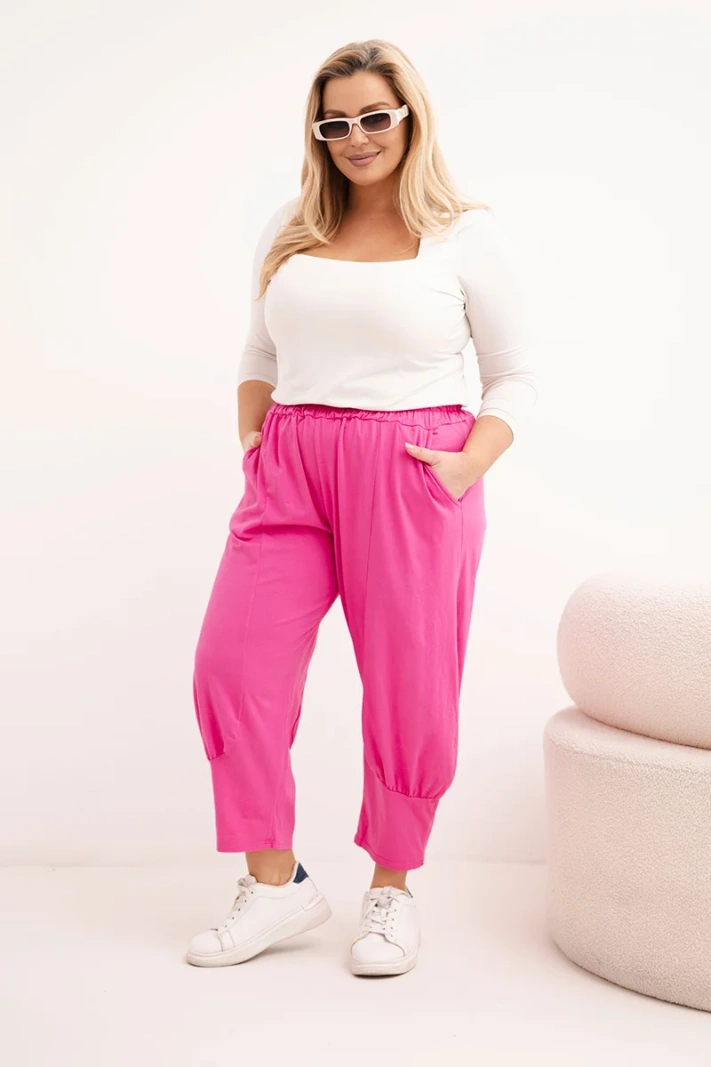 Dámské kalhoty Plus Size s nízkým sedem a gumou v pase růžové
