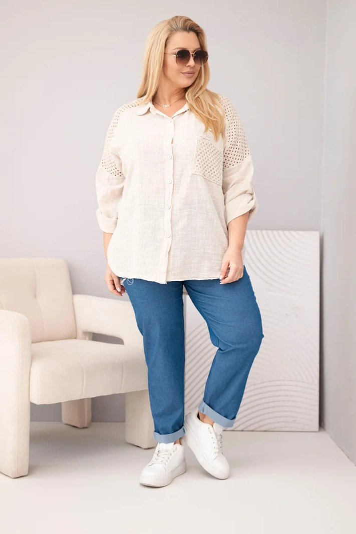 Plus Size women's cotton shirt with a collar and lace insert beige