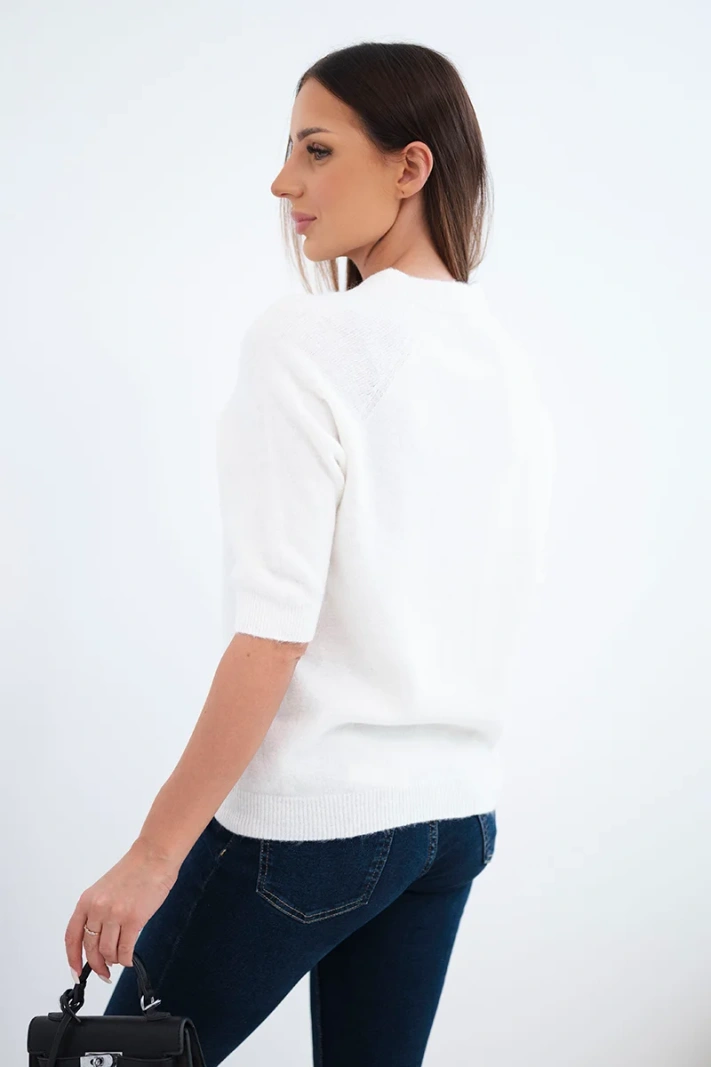 Women's sweater with baby alpaca with short sleeves and a round neckline ecru