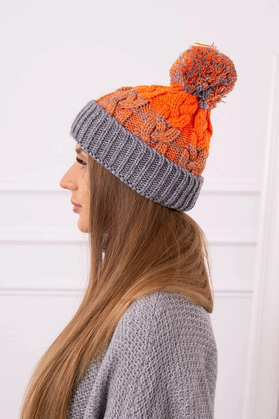 Damenmütze mit Bommel Abigail K326 grau+neon orange