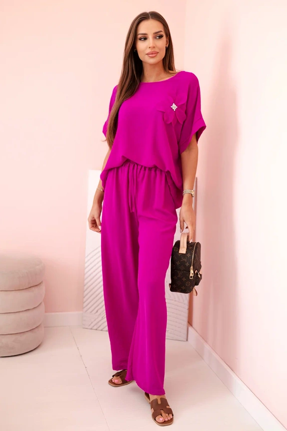 Women's viscose set with decorative flower and wide trousers - dark purple