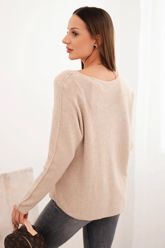 Women's sweater with viscose and a V-neck dark beige