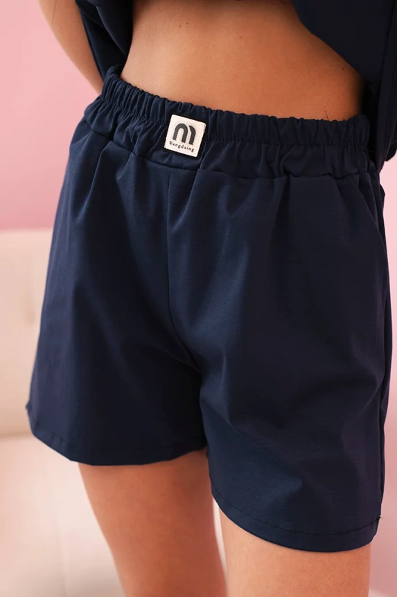 Women's set with a frill – a short-sleeved blouse and shorts with an elastic band navy blue