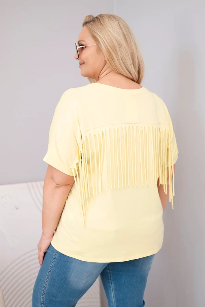Dámska bavlnená blúzka Plus Size s výstrihom do V a strapcami na chrbte žltá