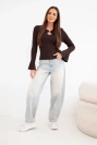 Women's ribbed viscose blouse with collar and wide sleeve brown