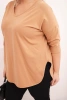 Dámska bavlnená blúzka Plus Size s V-dekoltom a vyhrnutým rukávom camelová