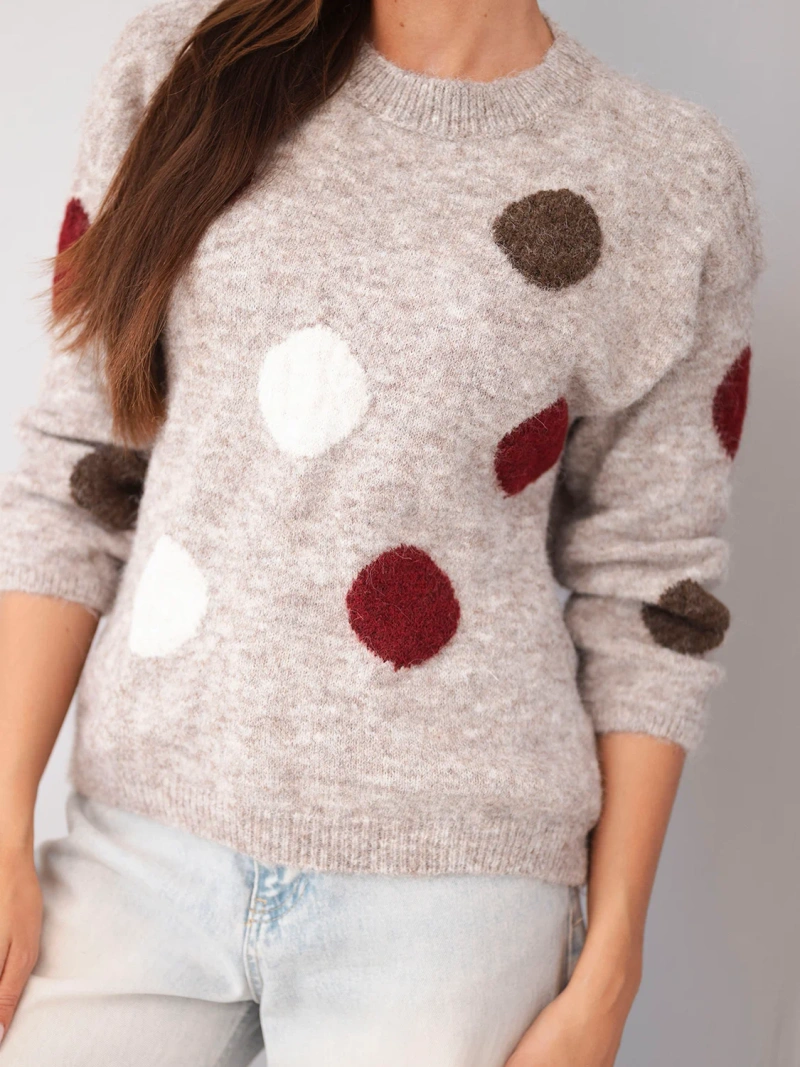Women's sweater with colorful polka dots and a round neckline beige melange