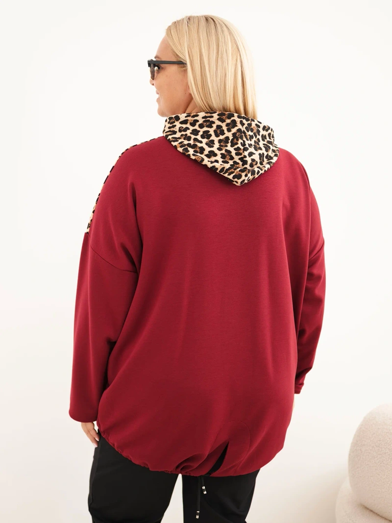 Plus Size women's viscose hoodie with leopard print inserts burgundy red