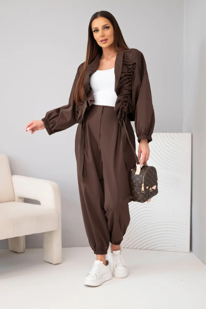 Women's cotton set with a ruched blouse and trousers brown