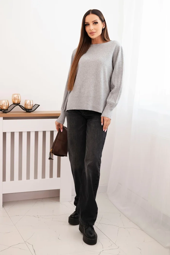 Women's viscose sweater with long sleeves and side slits gray