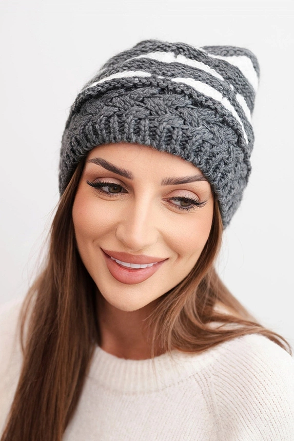 Women's winter hat with thick wool knit and stripes K465 graphite + white