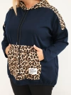 Moteriškas Plus Size veliūrinis džemperis su kapišonu ir panteros rašto intarpais mėlynas