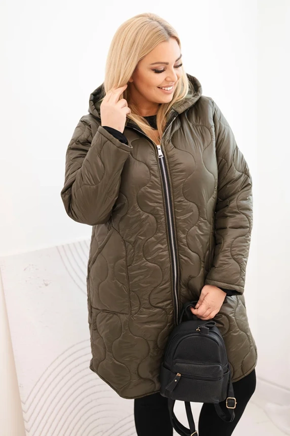 Moteriška Plus Size žieminė pūkinė striukė su gobtuvu khaki