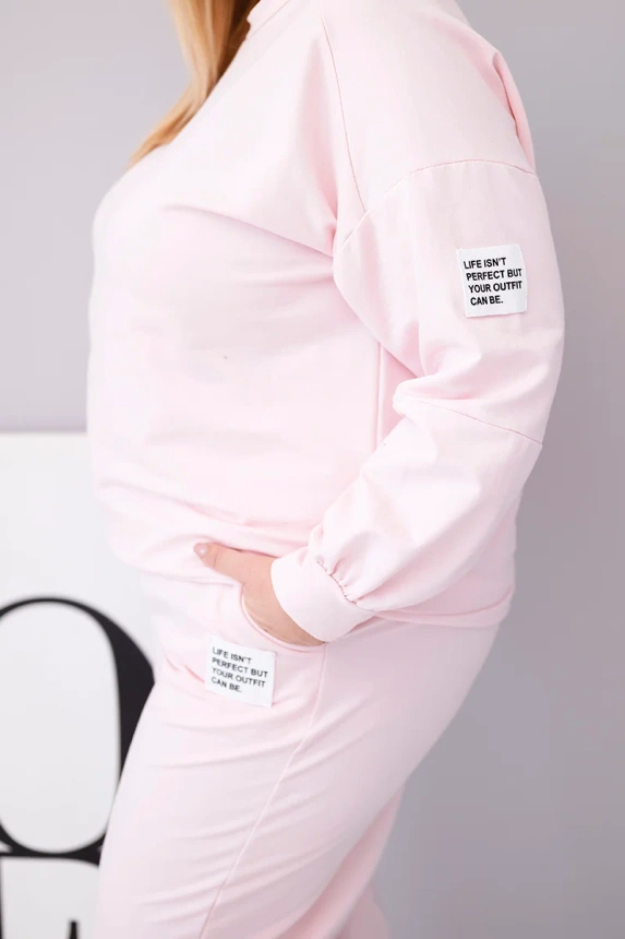 Plus Size women's set made of cotton with a loose sweatshirt and wide-leg pants candy pink