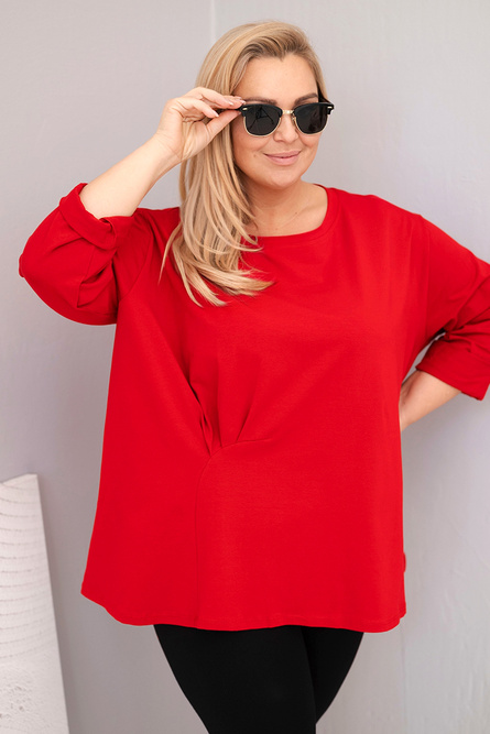 Bluzka damska plus size z bawełną z długim rękawem i marszczeniem czerwona