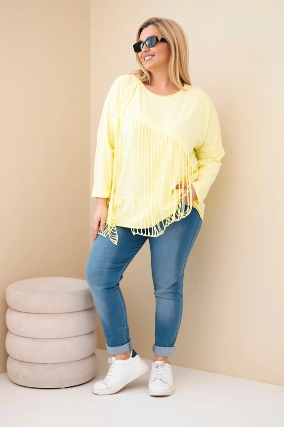 Dámska bavlnená blúzka Plus Size s strapcami žltá