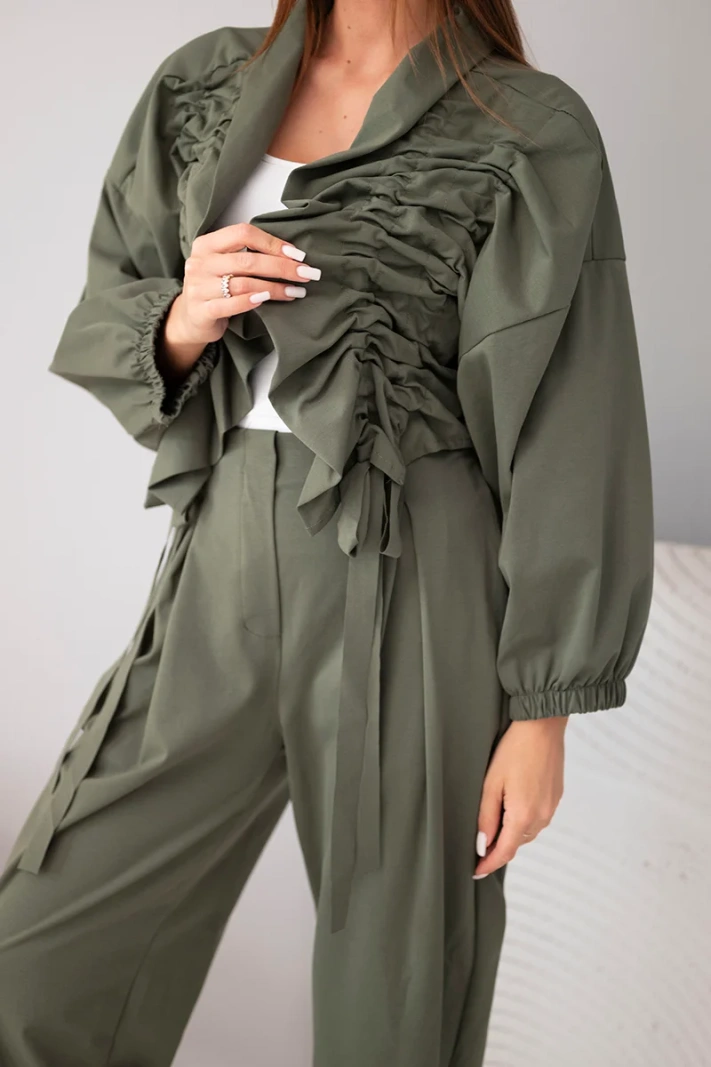 Women's cotton set with ruched sweatshirt and pants khaki