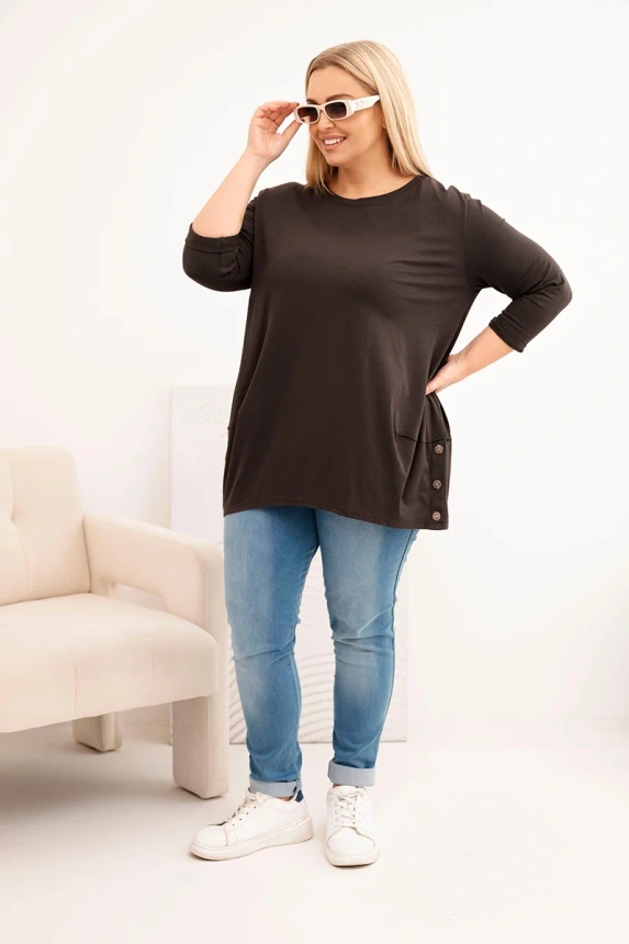 Moteriška Plus Size medvilninė palaidinė su dekoratyviniais mygtukais ir suknešiamomis rankovėmis ruda