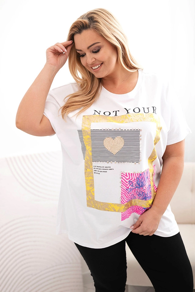 Bluzka damska bawełniana Plus Size ze złotym napisem biały + żółty