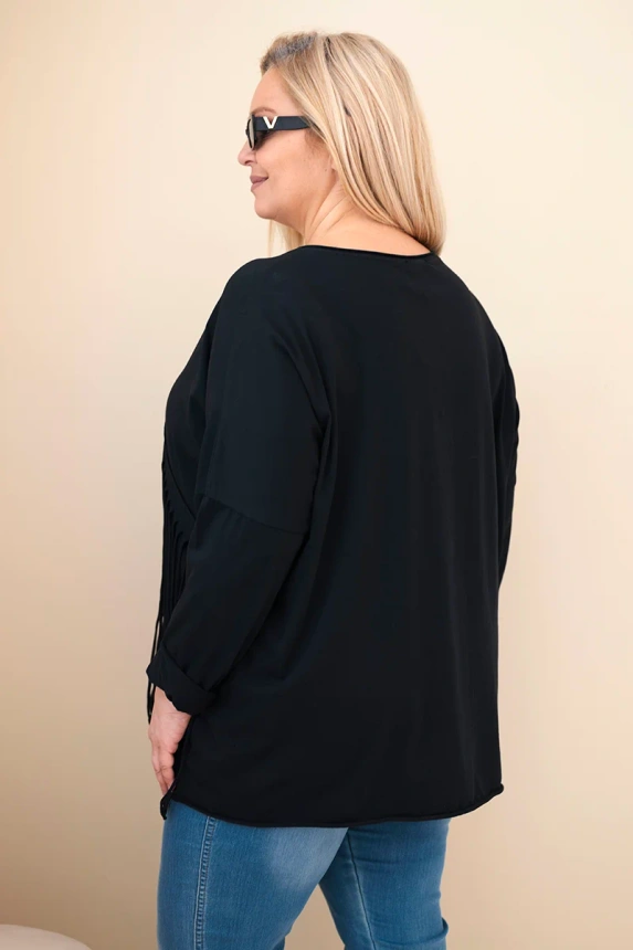 Bluzka damska bawełniana Plus Size z frędzlami czarna