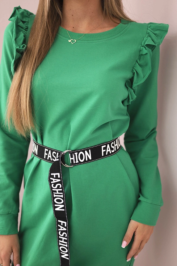 Women's dress with ruffles and a belt green