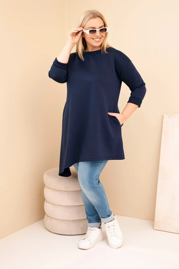 Damenkleid Plus Size aus Viskose mit lockerem Schnitt und langen Ärmeln blau