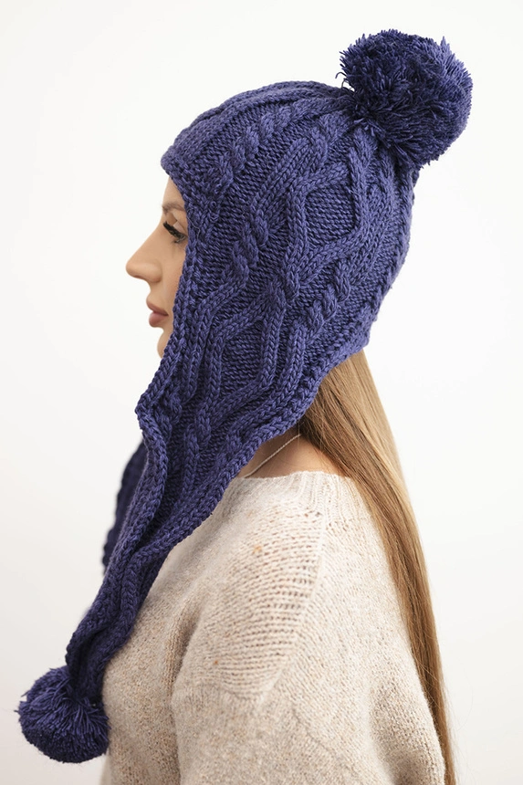 Women's winter wool hat with pom-poms and extended sides K448 purple