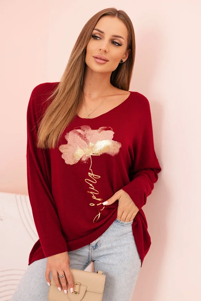 Women's viscose blouse with long sleeves and gold floral print maroon