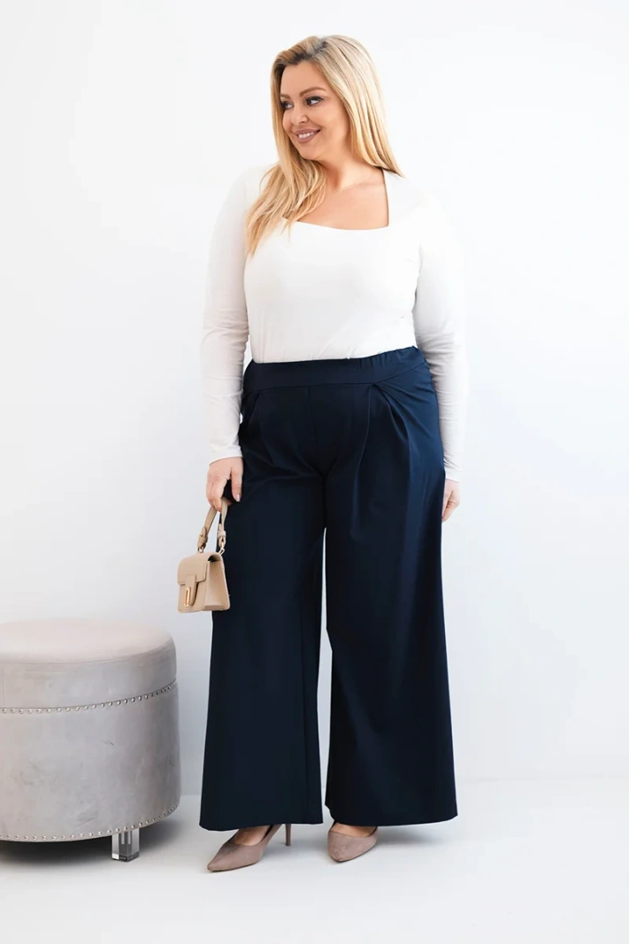 Moteriškos Plus Size kelnės su plačiomis kojomis ir raukiniais mėlynos